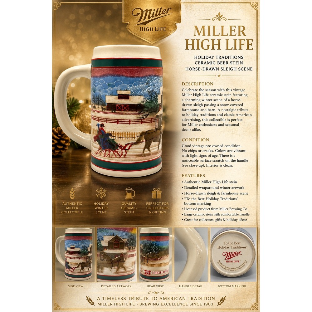 Miller High Life Holiday Beer Stein Vintage Winter Sleigh Scene Ceramic Mug